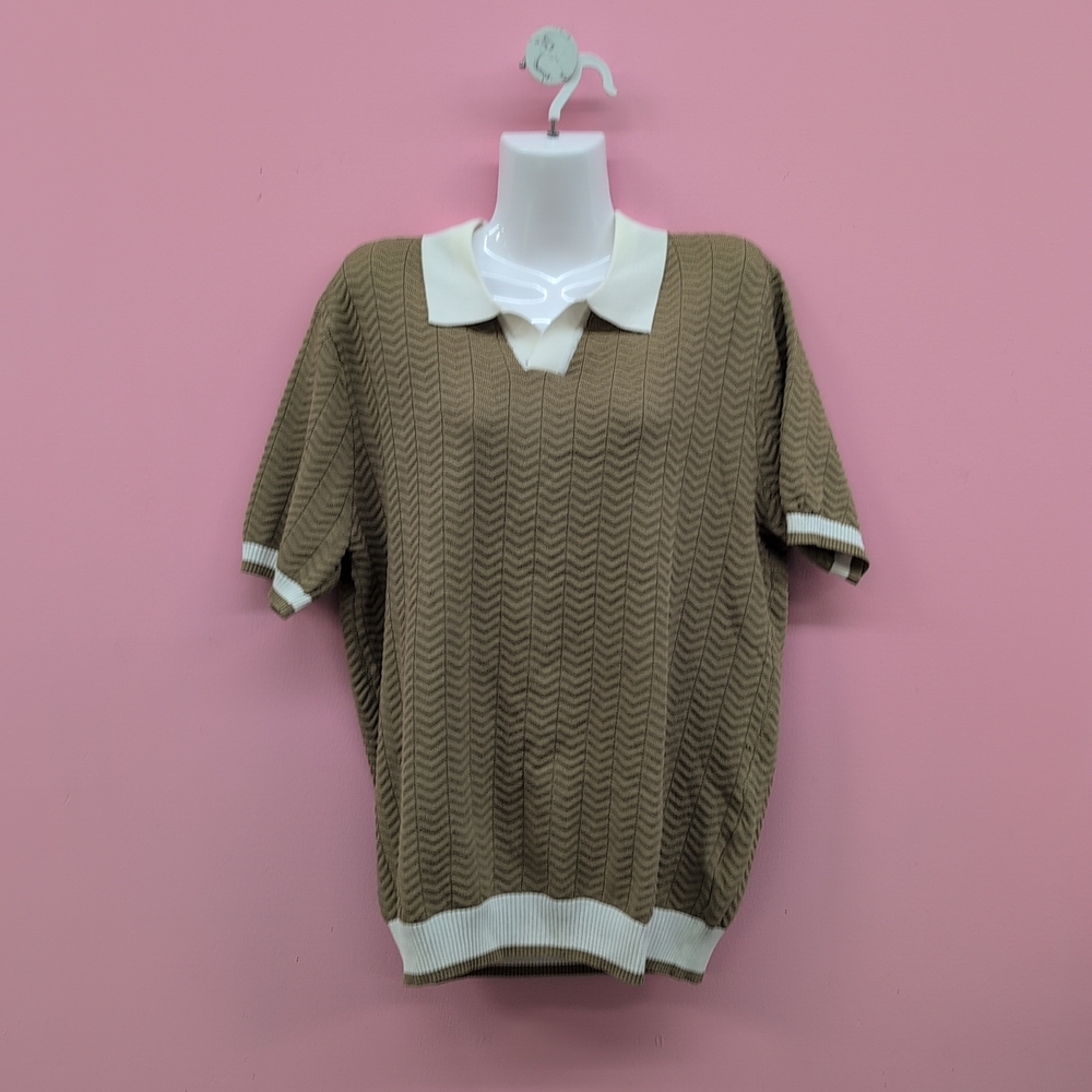Hoooyi Texture Contrast Knitted V Neck Men's Polo Shirt Medium Tan